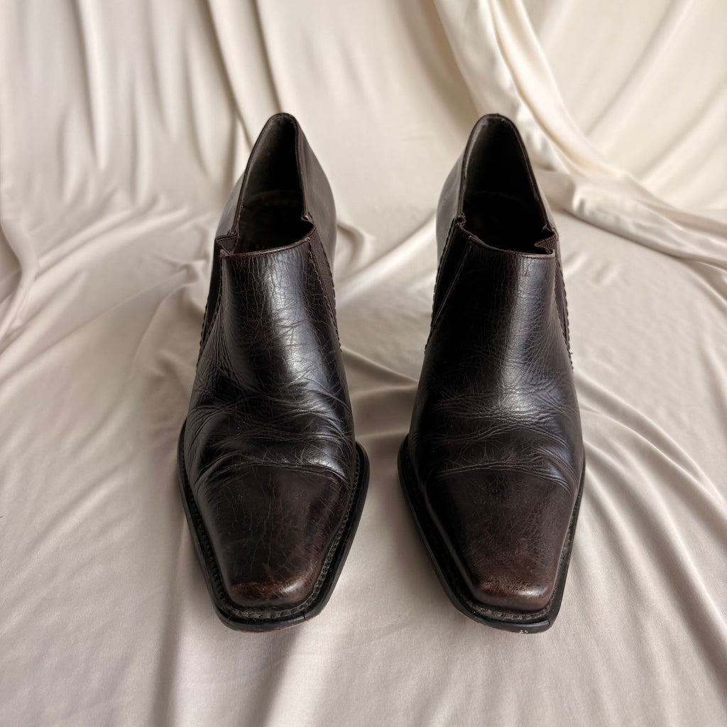 Vintage Stuart Weitzman Brown Leather Ankle Booties - Curved Heel, 7.5