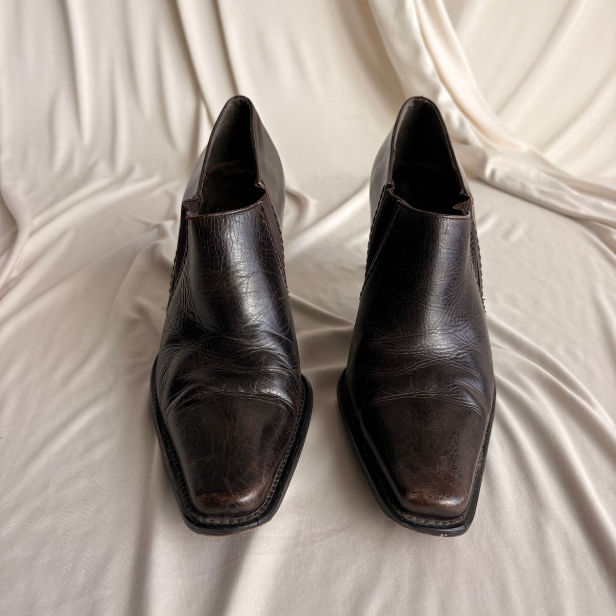 Vintage Stuart Weitzman Brown Leather Ankle Booties - Curved Heel, 7.5