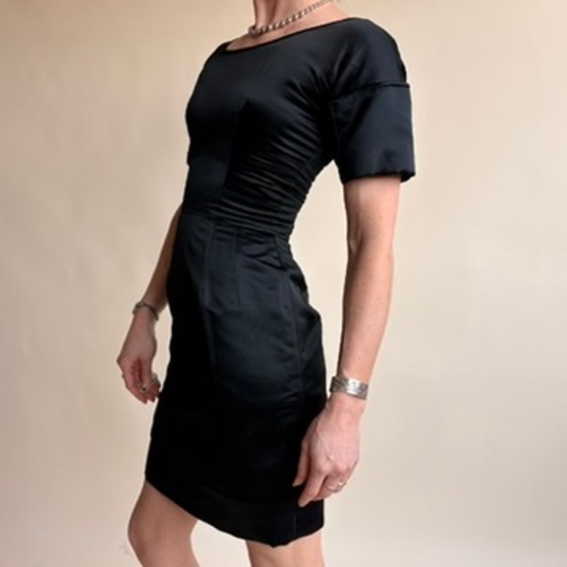 Raffaele 1950s Style Black Cocktail Dress - Fitted Waist, Boat Neck, Custom Made, Fits Modern 0