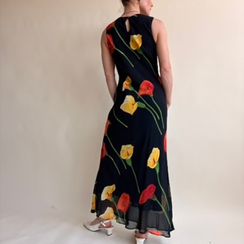 Tessuto Black Calla Lily Maxi Dress - Yellow & Red Flowers- 90s Vintage, Size XS