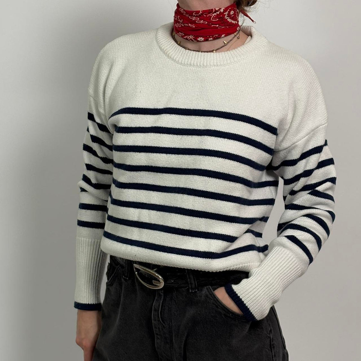 Philosophy White & Navy Striped Sweater | Classic Preppy Cotton