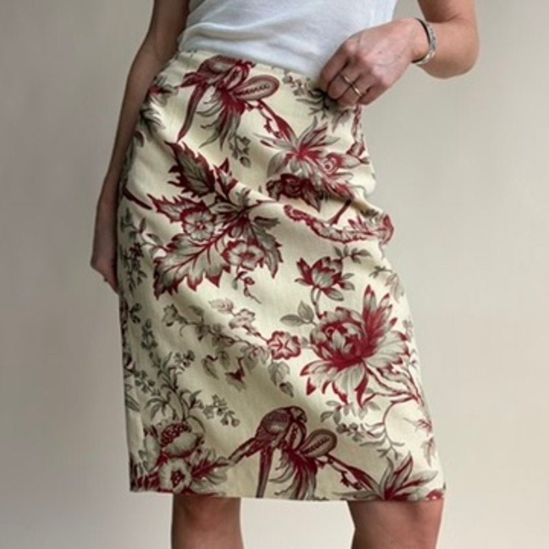 Silk Club Collection Linen Midi Skirt - Cream & Burgundy Floral Bird Print- Size 6