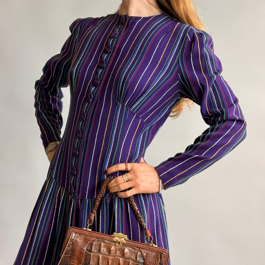 Vintage 1940s Purple Striped Wool Button-Front Day Dress