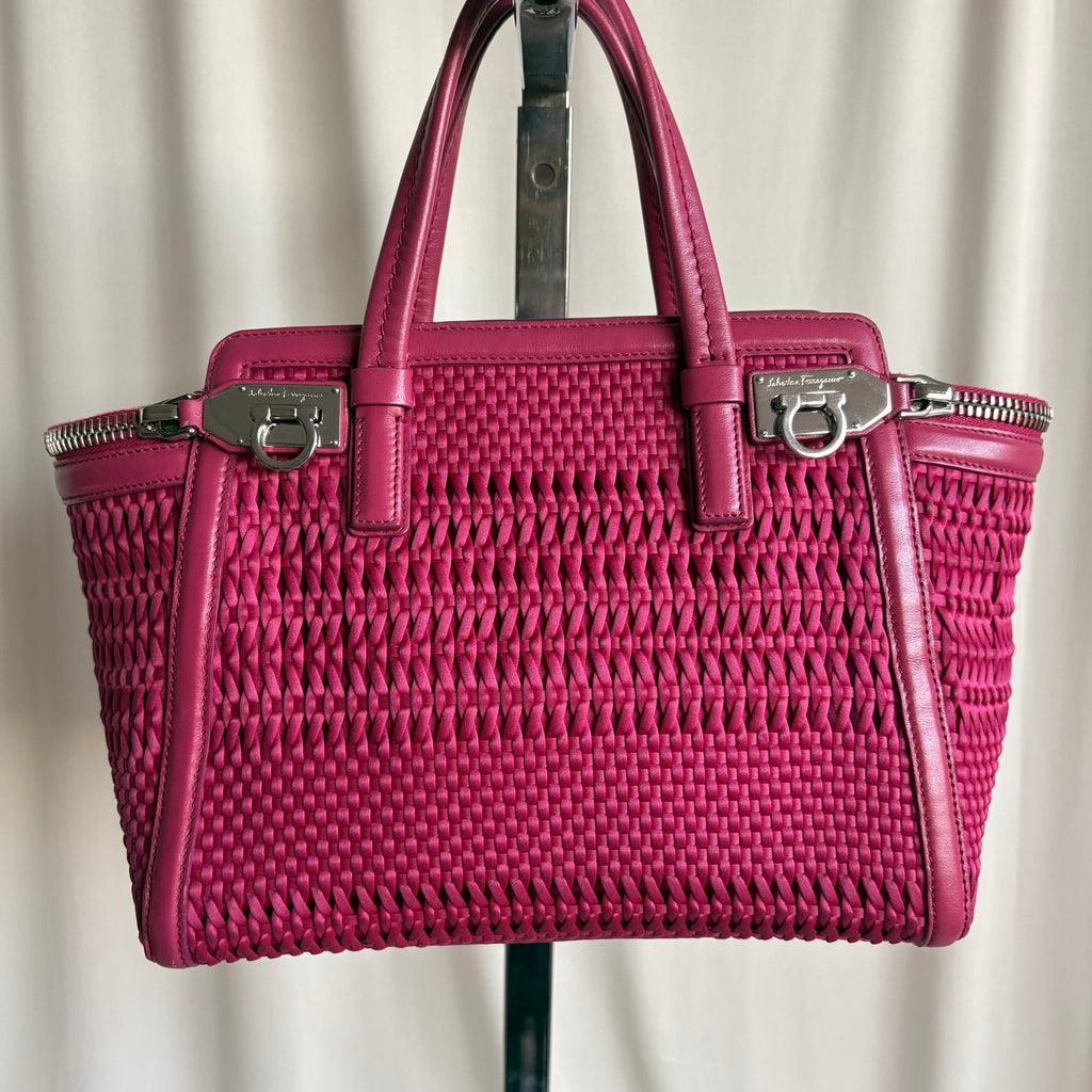 Salvatore Ferragamo Verve Pink Woven Satin Tote