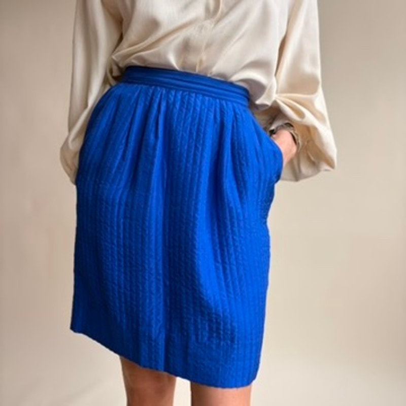 Cobalt Blue Quilted Silk Skirt - Vertical Stitching, 80s Vintage, Size 4