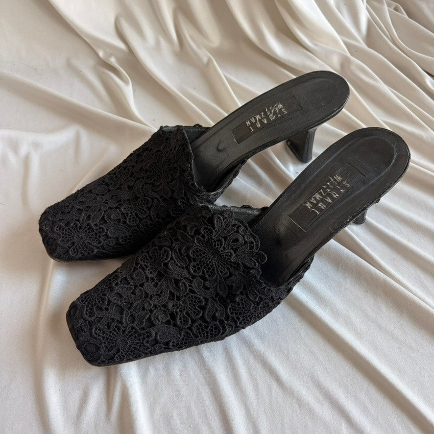 Stuart Weitzman Black Lace Mules - Square Toe, Kitten/Block Heel, Size 11