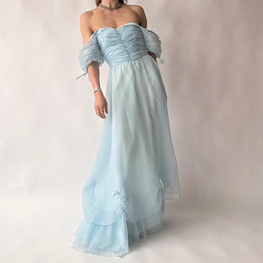 Roberta of California Vintage Powder Blue Ruched Off-Shoulder Gown