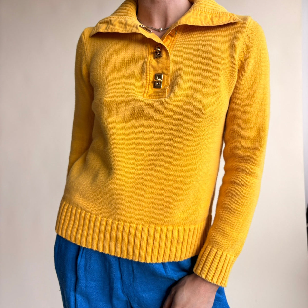 Lauren by Ralph Lauren Yellow Ribbed Sweater - Gold Hardware, 100% Cotton, Size Small