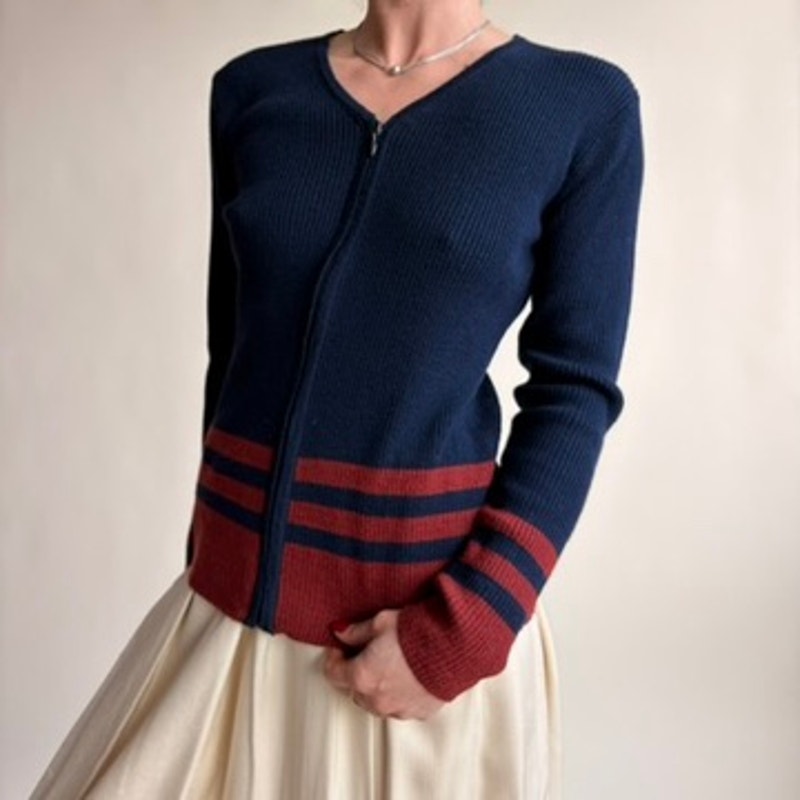 Jones & Co. Navy Zip Cardigan - Burgundy Stripes, Wool Blend, Preppy Coastal Vibes, Size Small