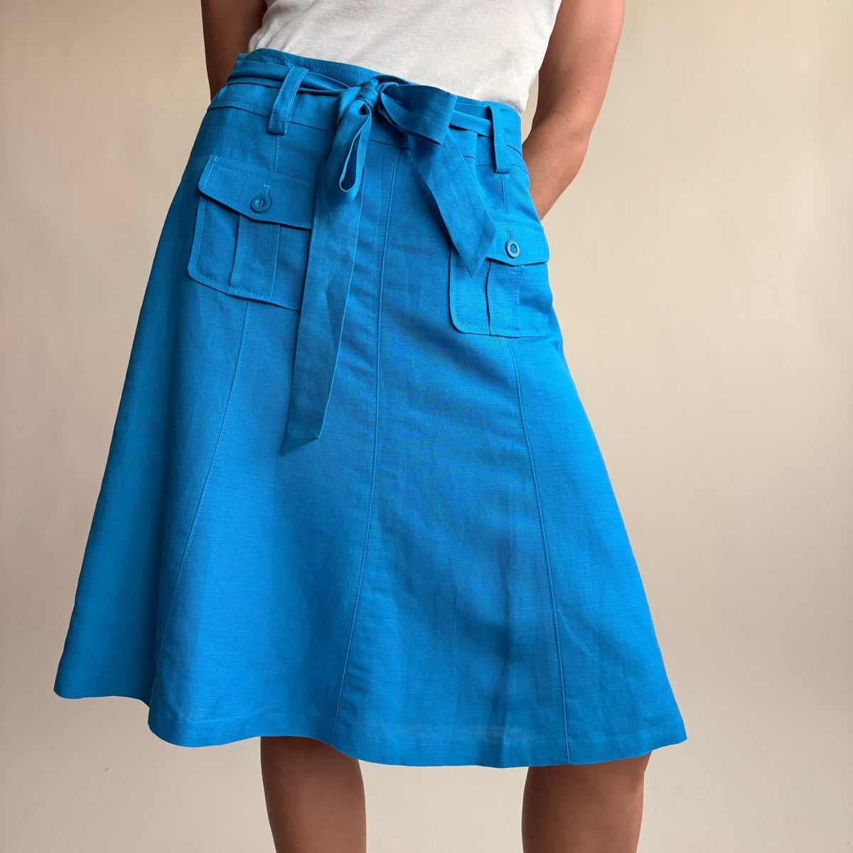 Ann Taylor Turquoise A-Line Skirt - Linen Blend, Utility Pockets, Belt, Size 0