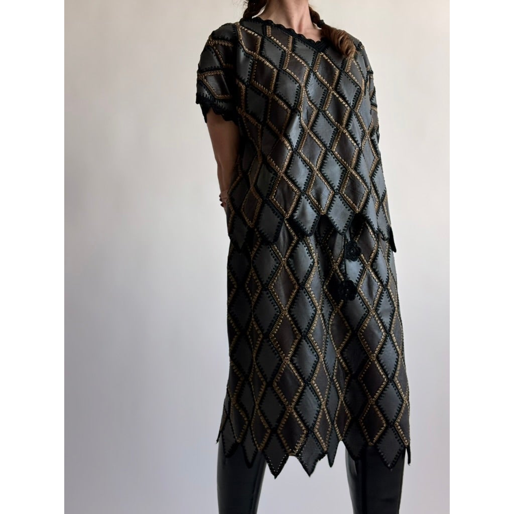 Vintage 1970s Handmade Turkish Diamond Patchwork Leather Top
