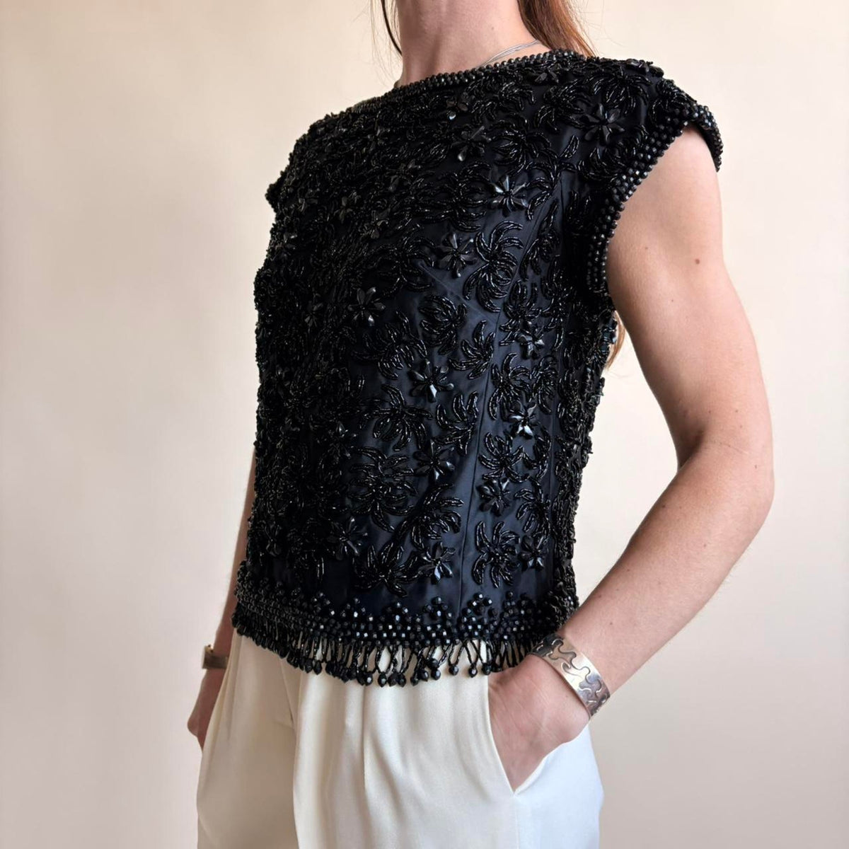 Doreen Loh Black Beaded Fringe Top - Made in Hong Kong