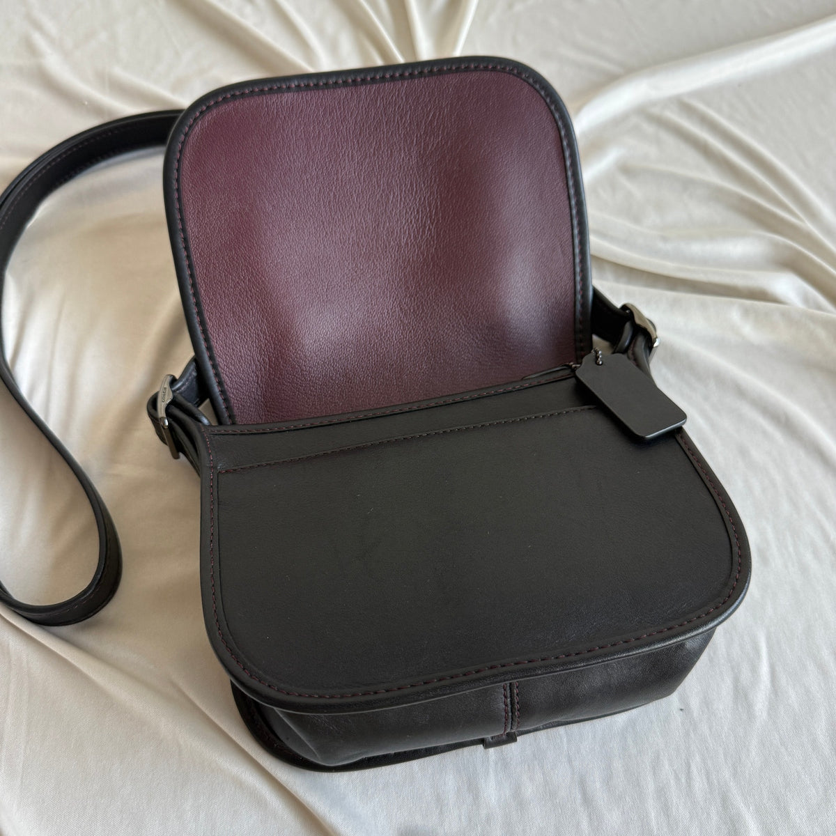 Vintage Coach Black Leather Saddle Bag - Red Contrast Stitching