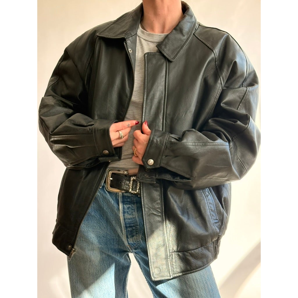 Vintage 90s North Crest Black Leather Bomber Jacket -large