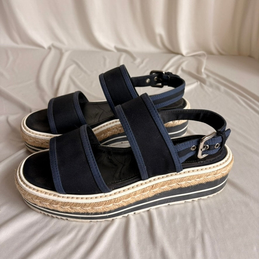 Prada Black & Baltic Blue Canvas Espadrille Platform Sandals - EU 37/US 7
