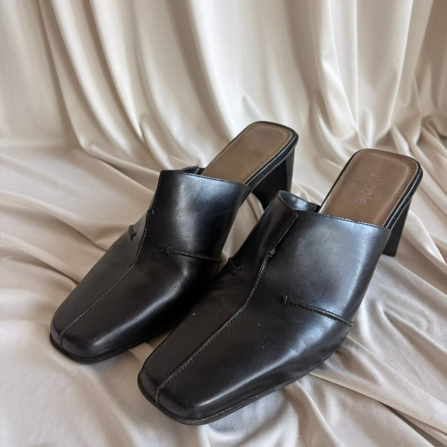 Nicole Brakes Black Leather Mules - Square Toe, Needs Heel Repair, Size 8.5