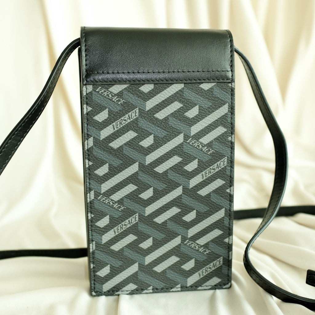 Versace La Greca Signature Crossbody Phone Pouch Leather Black Gray