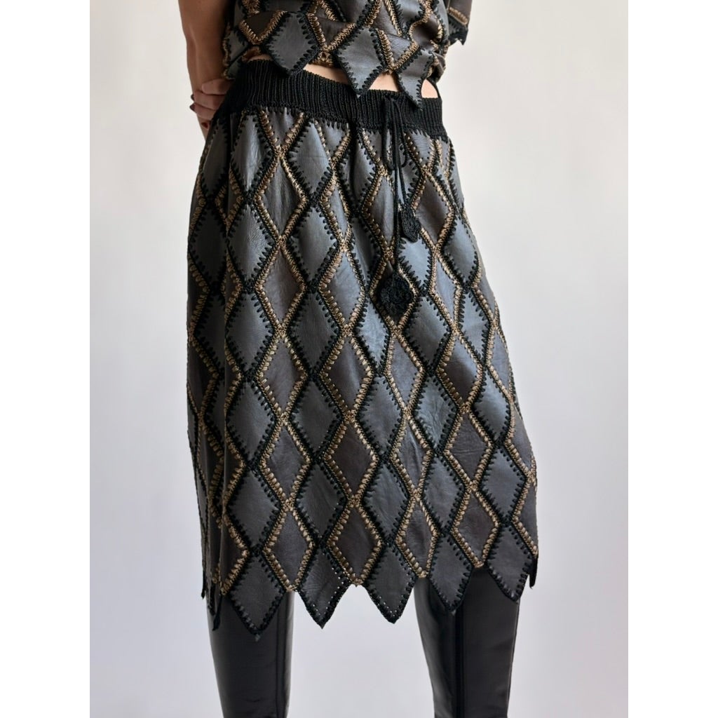 Vintage 1970s Handmade Turkish Diamond Patchwork Leather Skirt