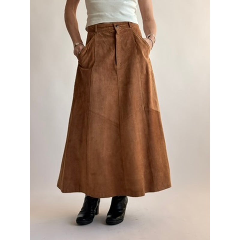 Vintage Bergdorf Goodman Light Brown Suede A-Line Maxi Skirt