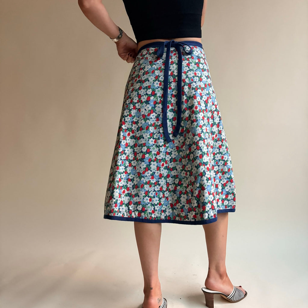 1970s Blue Reversible Floral Wrap Skirt - Navy Reverse, One Size