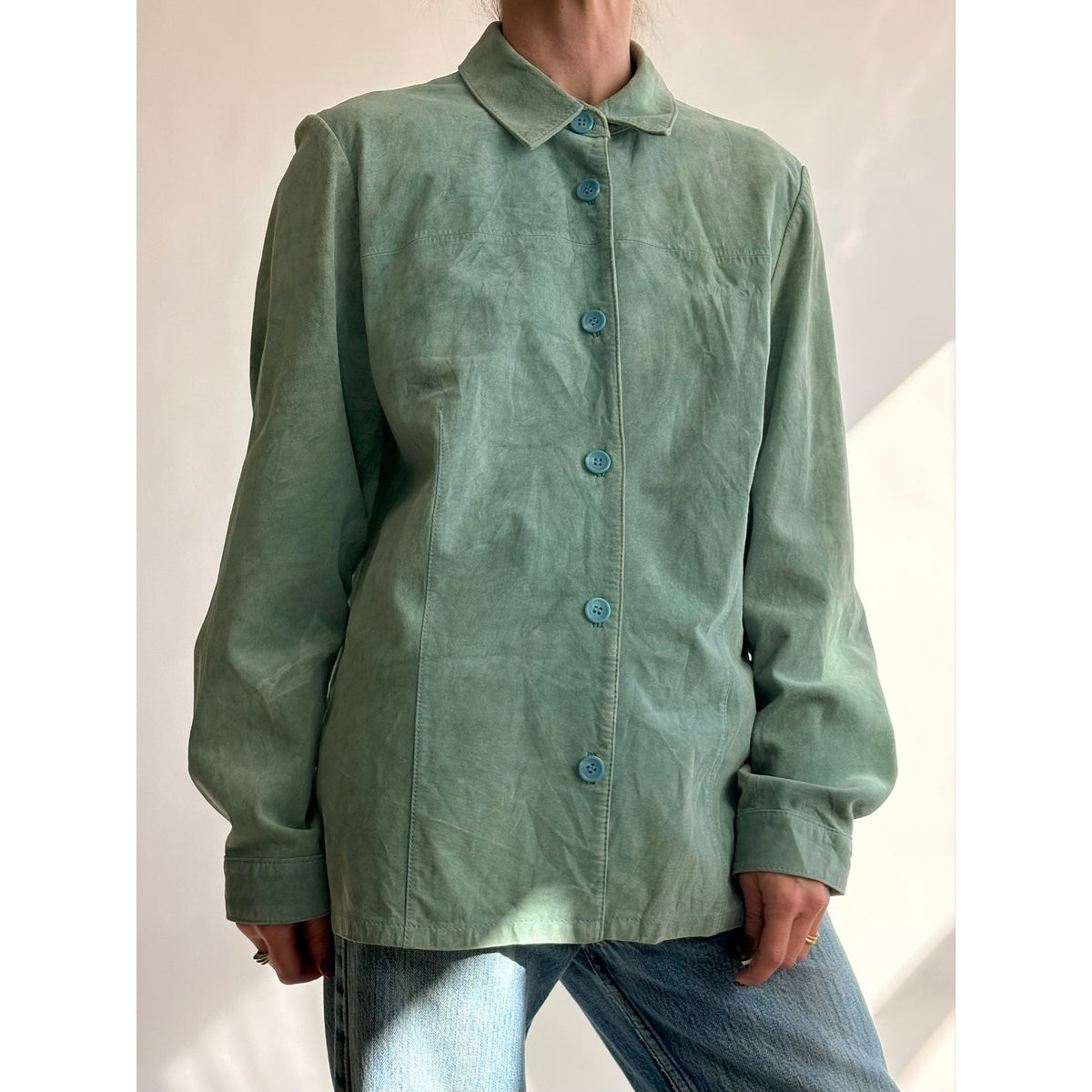 Bernardo Sea Foam Green Suede Button-Down Shirt/Jacket