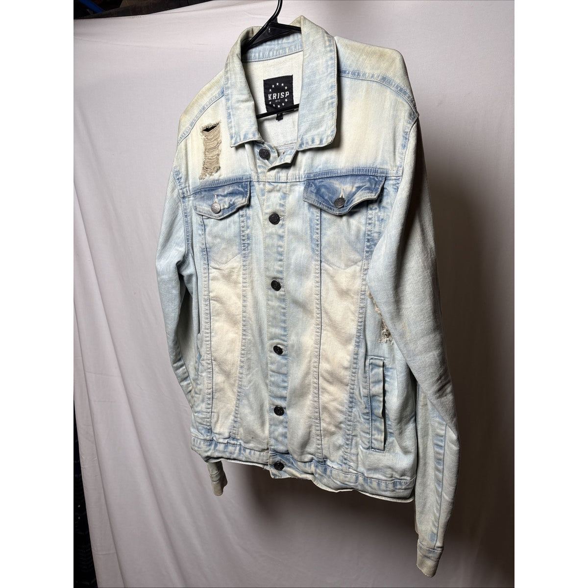 Krisp NYC Men’s Light Wash Distressed Denim Jacket | Size M