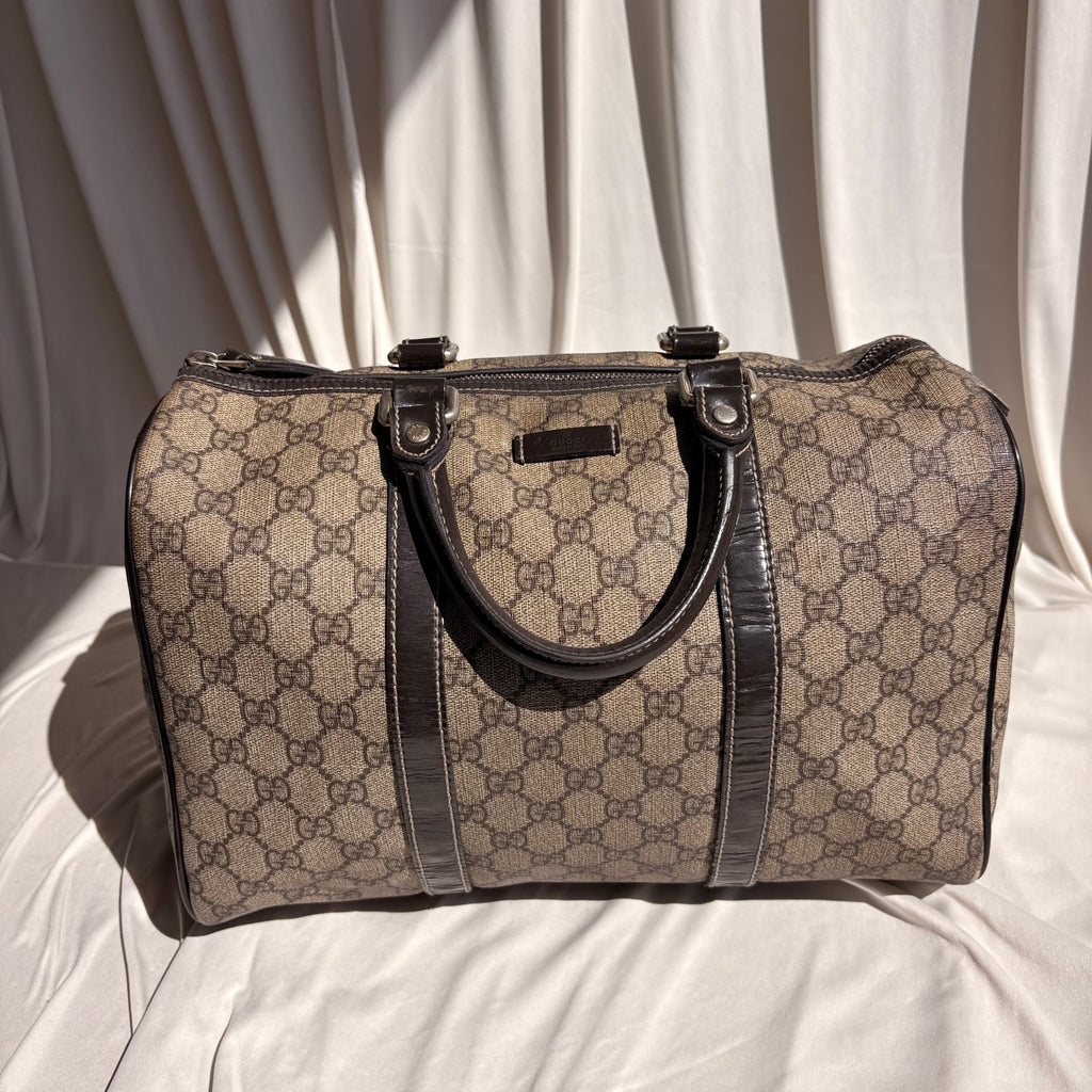 Gucci Joy Boston Bag - GG Supreme Coated Canvas, Dark Brown Patent Leather Trim