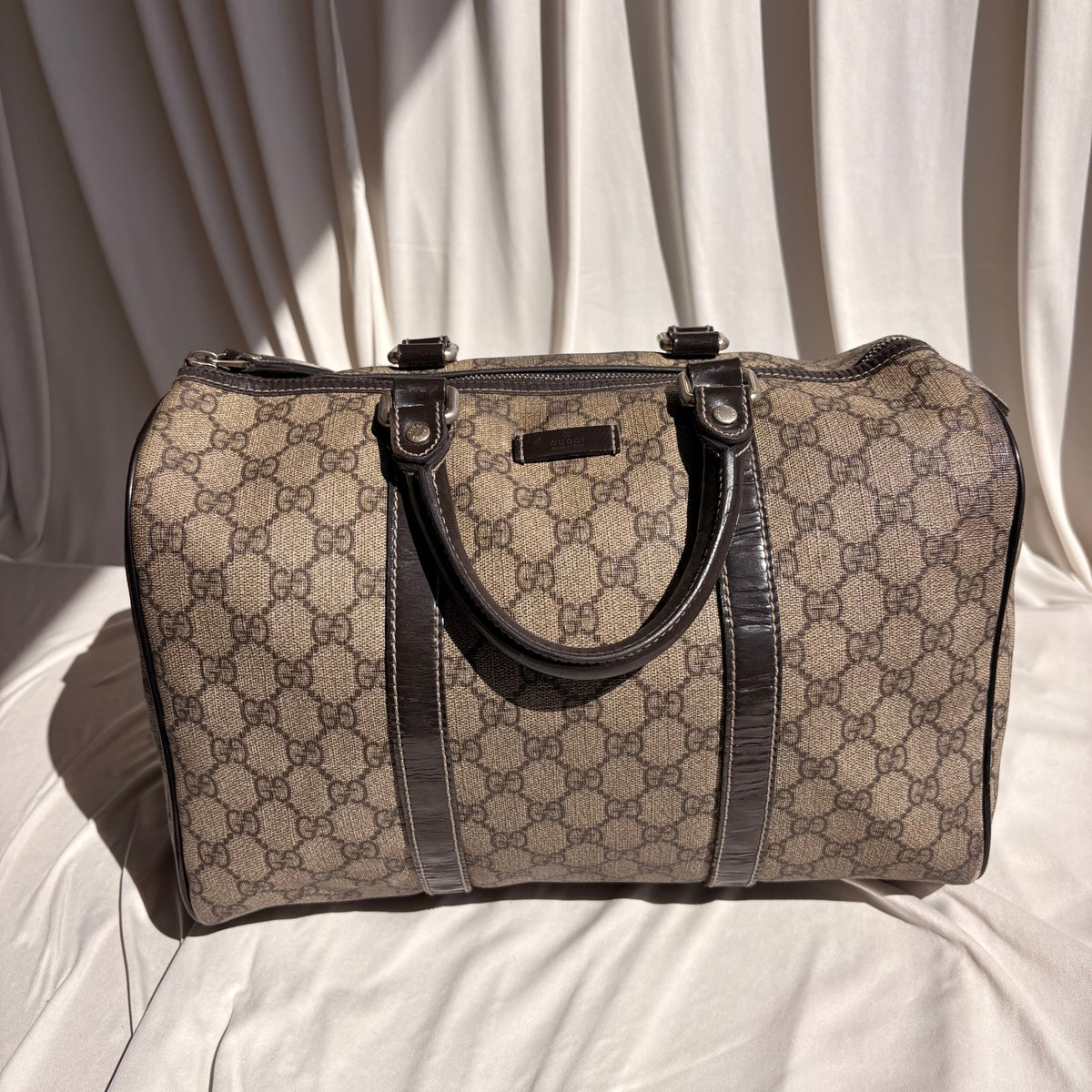 Gucci Joy Boston Bag - GG Supreme Coated Canvas, Dark Brown Patent Leather Trim