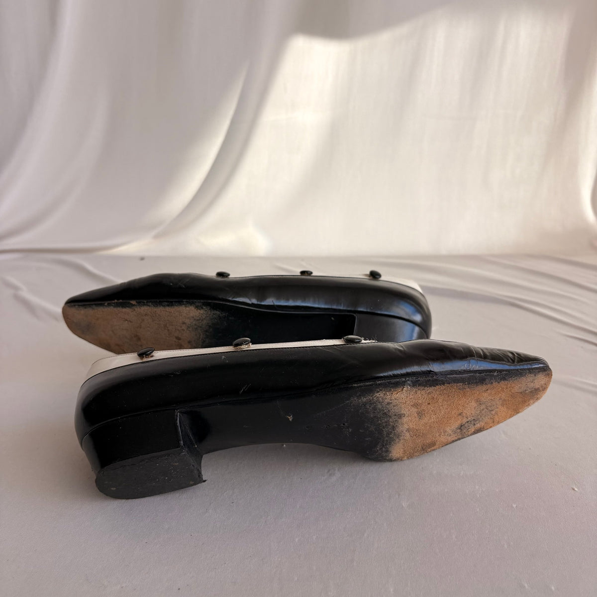 Vintage Delman Black & White Leather Low Block Heels - Button Detail, 1" Heel