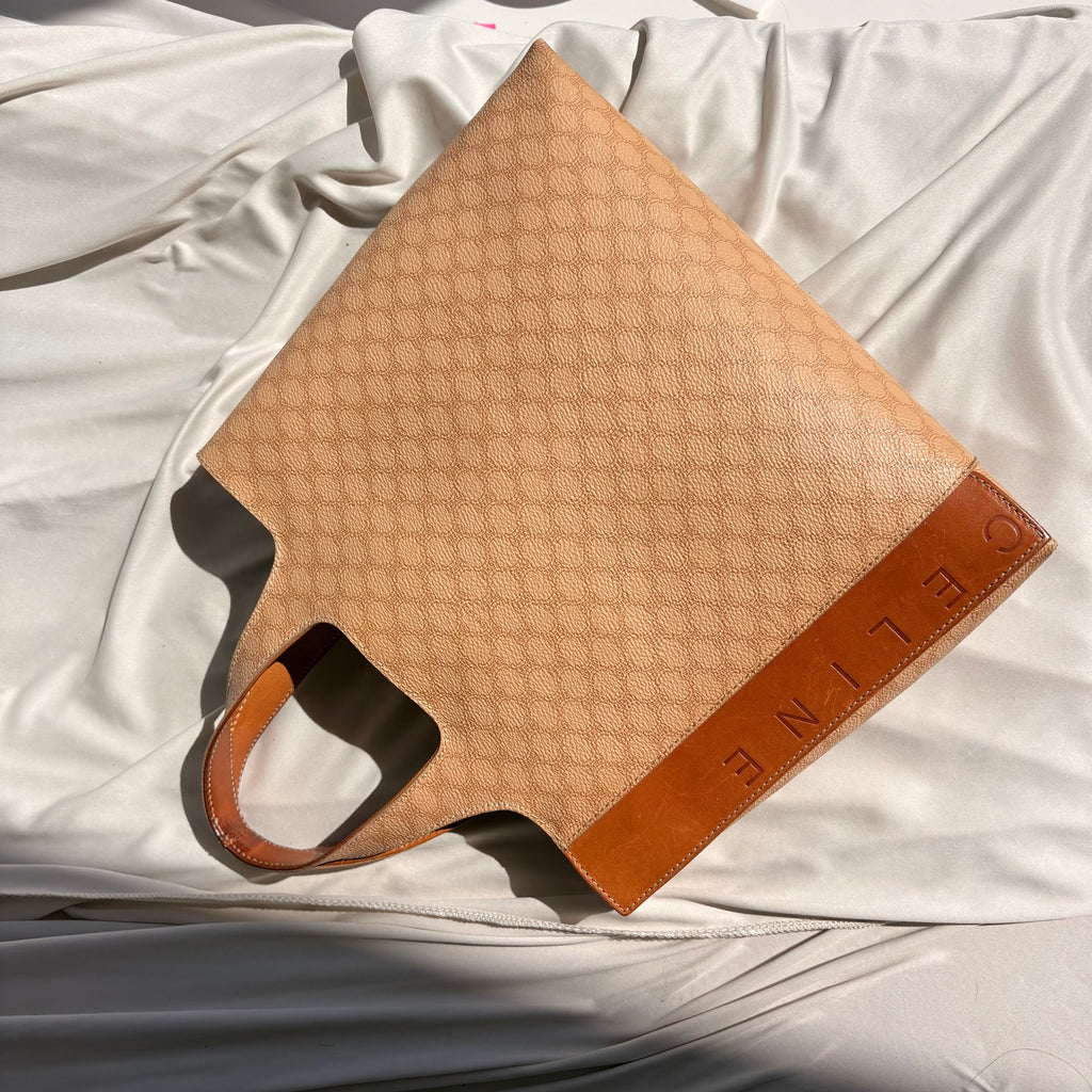 Vintage 90s Celine Triomphe Canvas Tote Bag - Tan Leather Trim