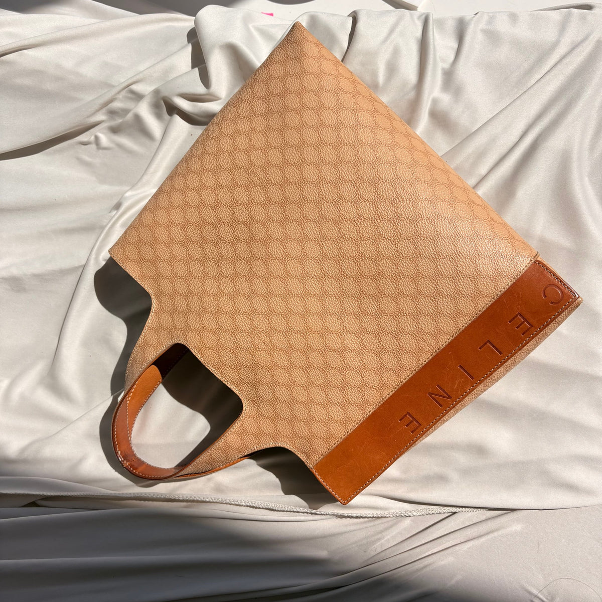 Vintage 90s Celine Triomphe Canvas Tote Bag - Tan Leather Trim