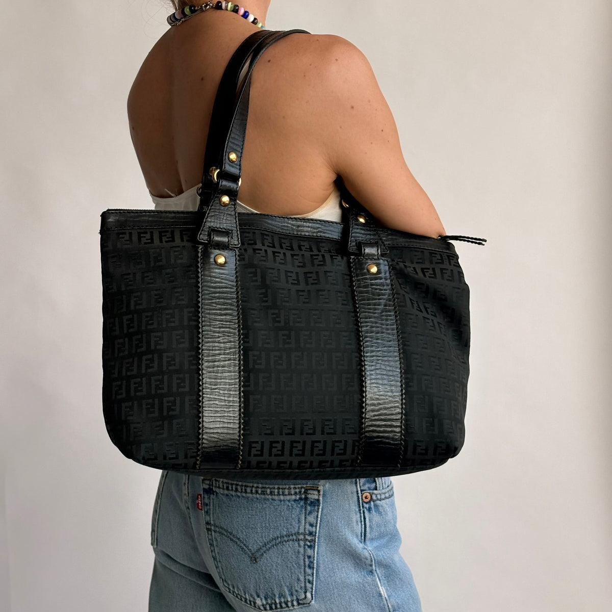Vintage Fendi Zucchino Black Canvas & Leather Tote - Early 2000s