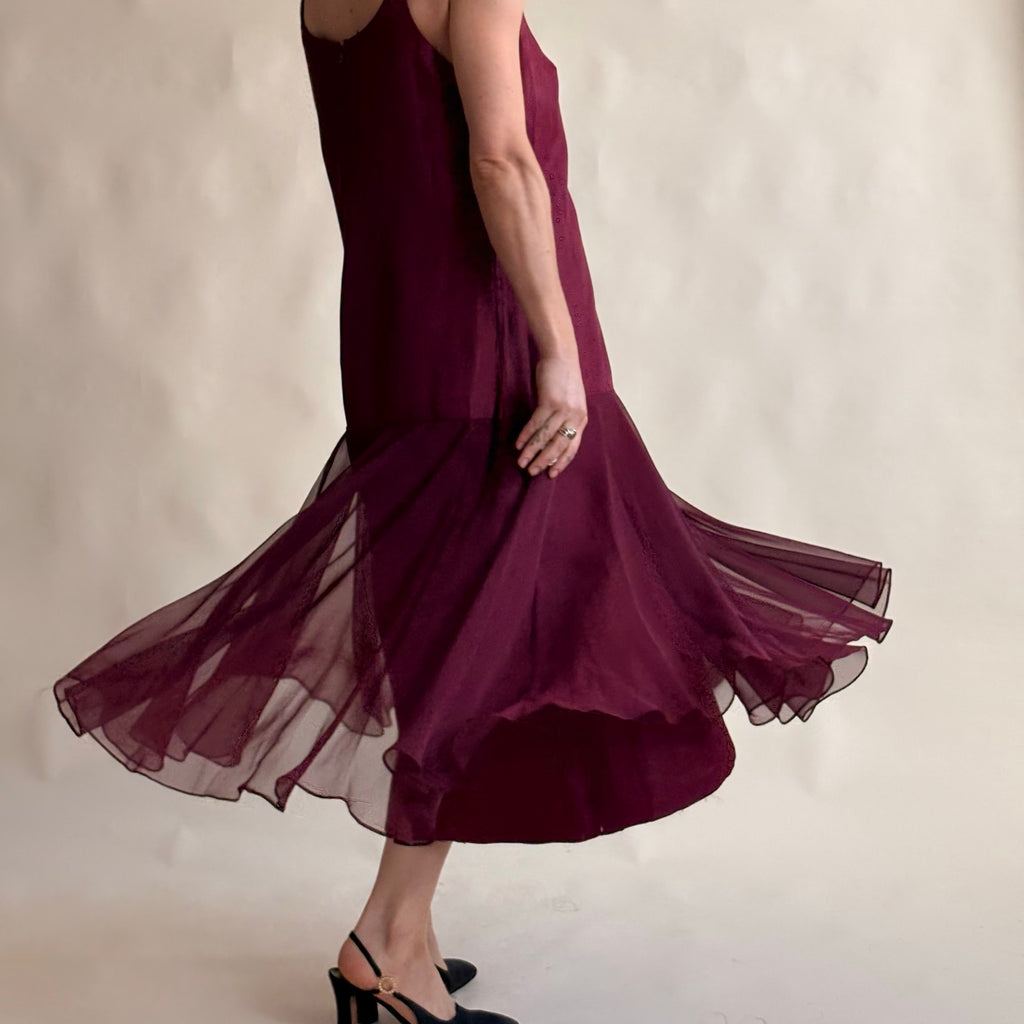 Crest Fashions Burgundy Drop-Waist Flapper Dress - Sheer Chiffon Skirt