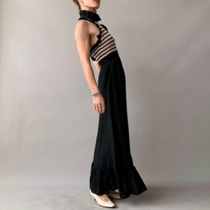 Vintage 70s Black & Gold Striped Halter Maxi Dress - Ruffle Hem