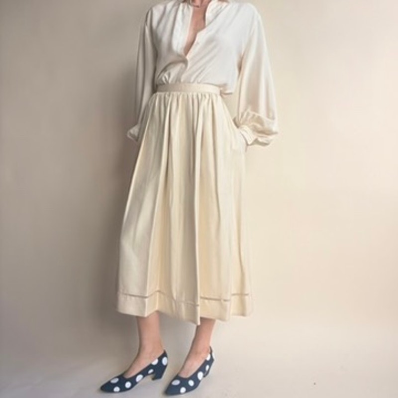 Anne Klein Cream A-Line Midi Skirt - Mesh Trim, Pockets, Linen Blend, Size 4