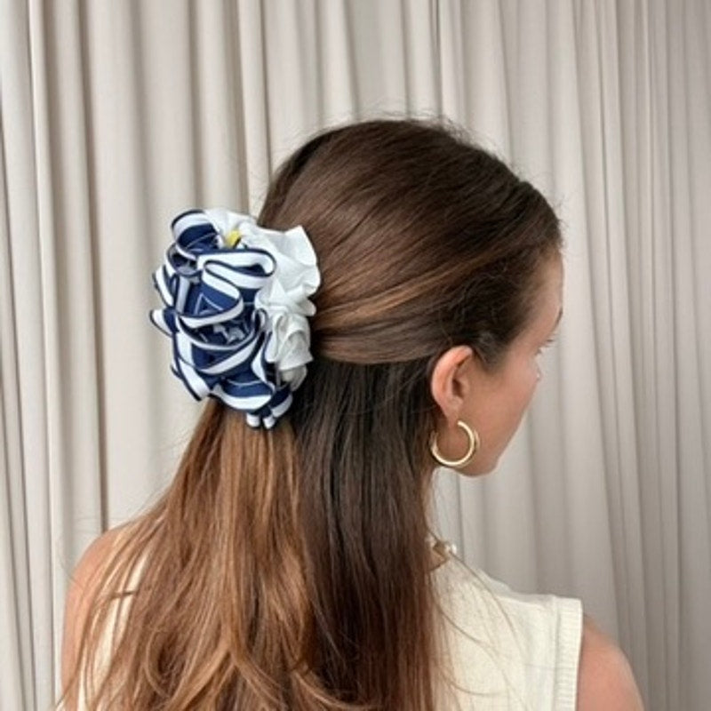 Blue & White Nautical Ribbon Hair Clip - Retro, 4"