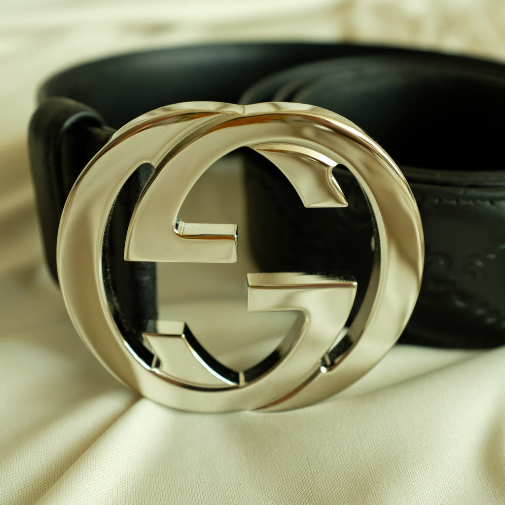 Gucci Interlocking G Belt - Black Leather, Silver Buckle, Size 95