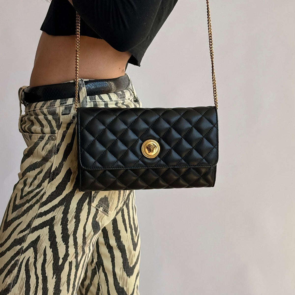 Versace Quilted Lambskin Leather Clutch - Black, Gold Hardware, NWOT