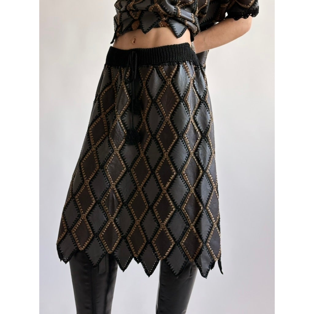 Vintage 1970s Handmade Turkish Diamond Patchwork Leather Skirt