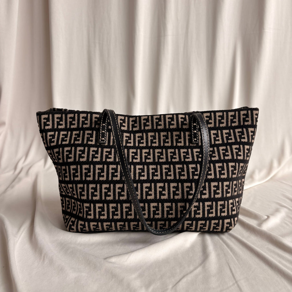 Vintage Fendi Zucchino Roll Tote - Black & Tan Textured Canvas