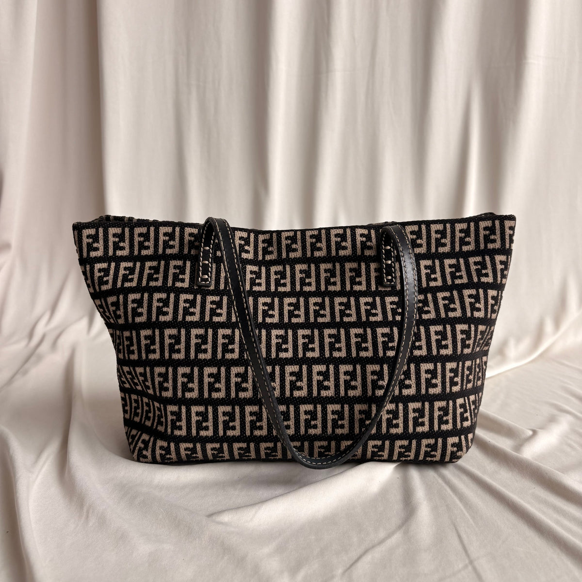 Vintage Fendi Zucchino Roll Tote - Black & Tan Textured Canvas