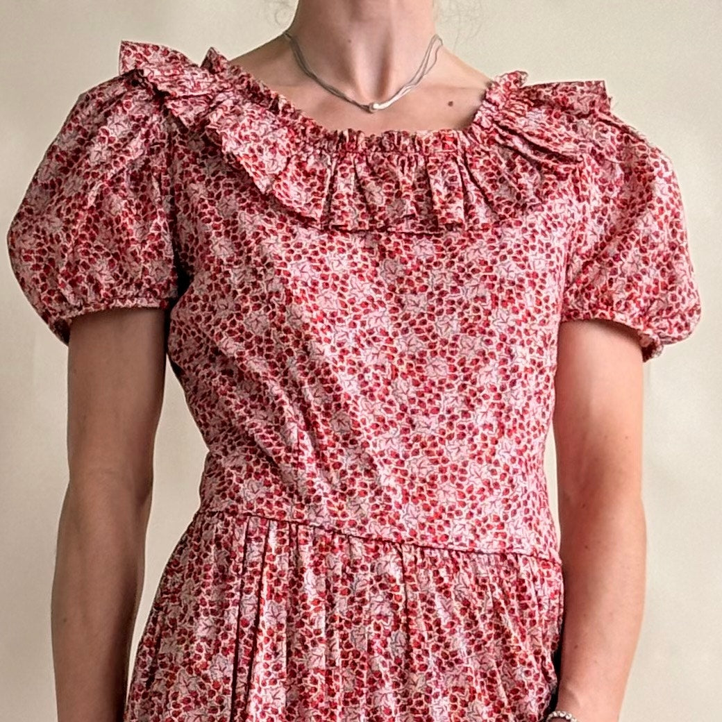 Vintage Handmade 70s Red Floral Maxi Dress - Puff Sleeve, Ruffle Neck
