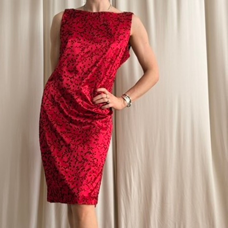 Lois Snyder Floral Sheath Dress - Red & Black, Made in USA - Size 12 (Fits L)