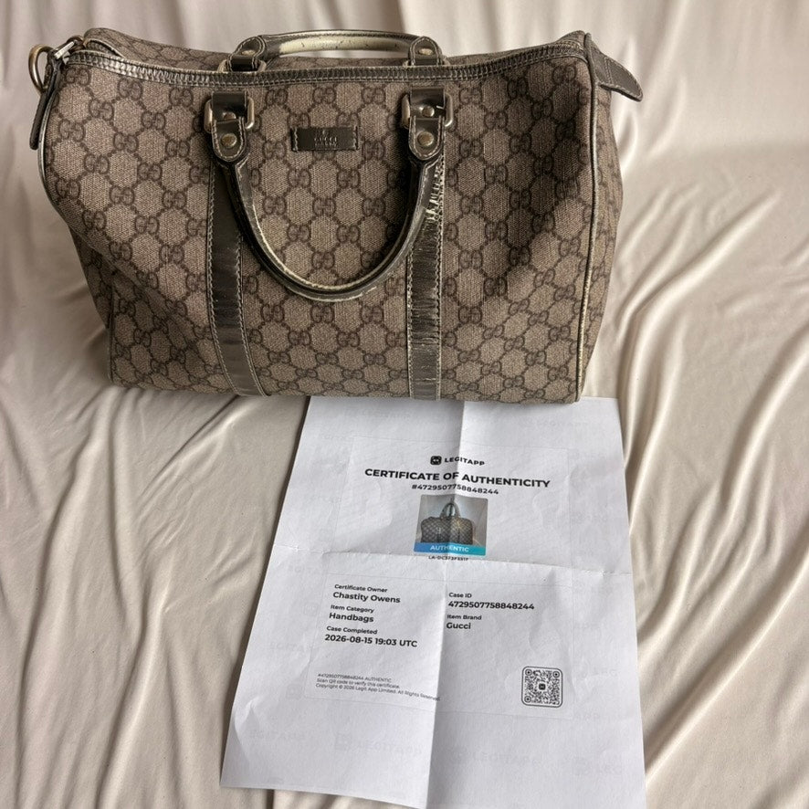 Gucci GG Supreme Joy Boston Bag - Brown Coated Canvas &Metallic Leather Trim