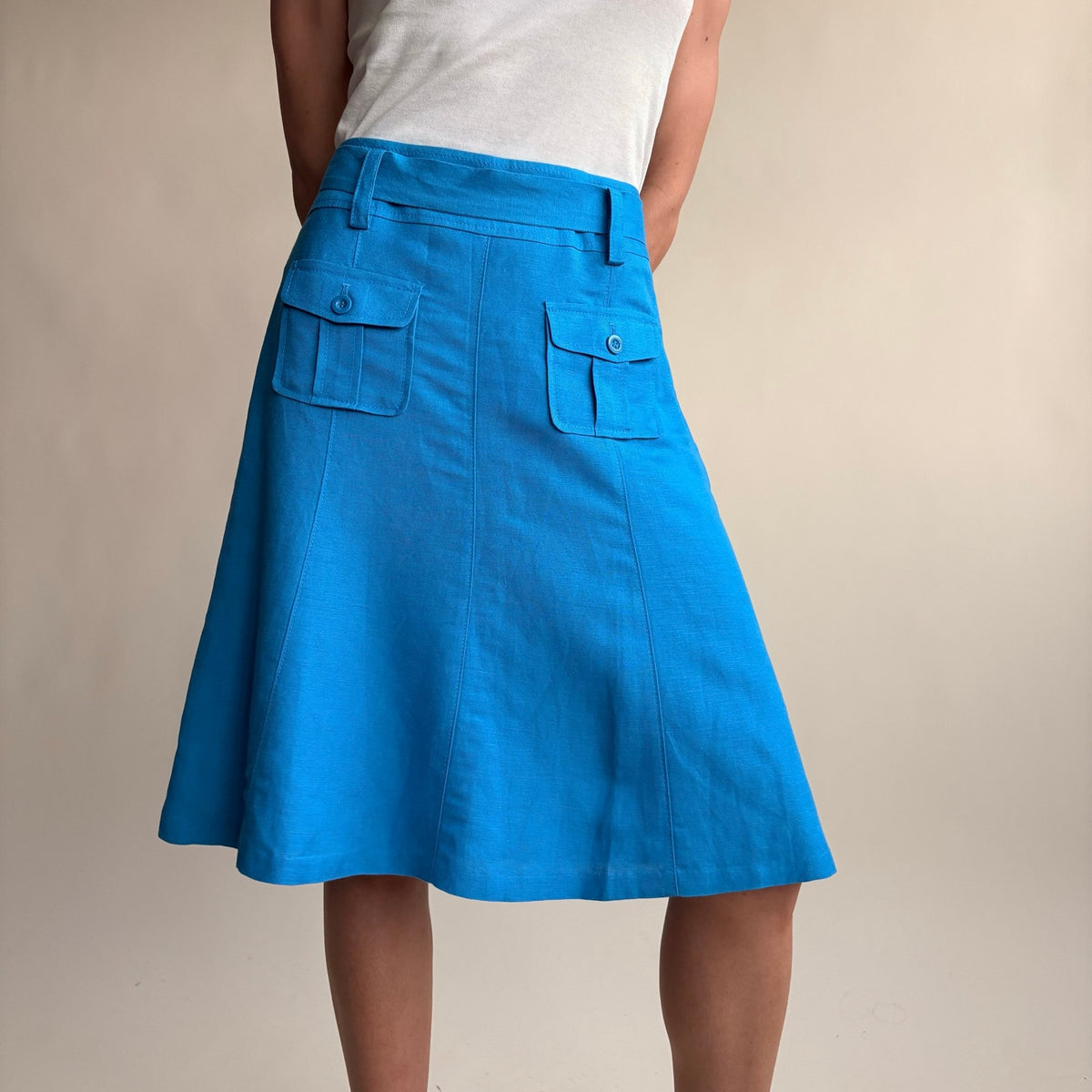 Ann Taylor Turquoise A-Line Skirt - Linen Blend, Utility Pockets, Belt, Size 0