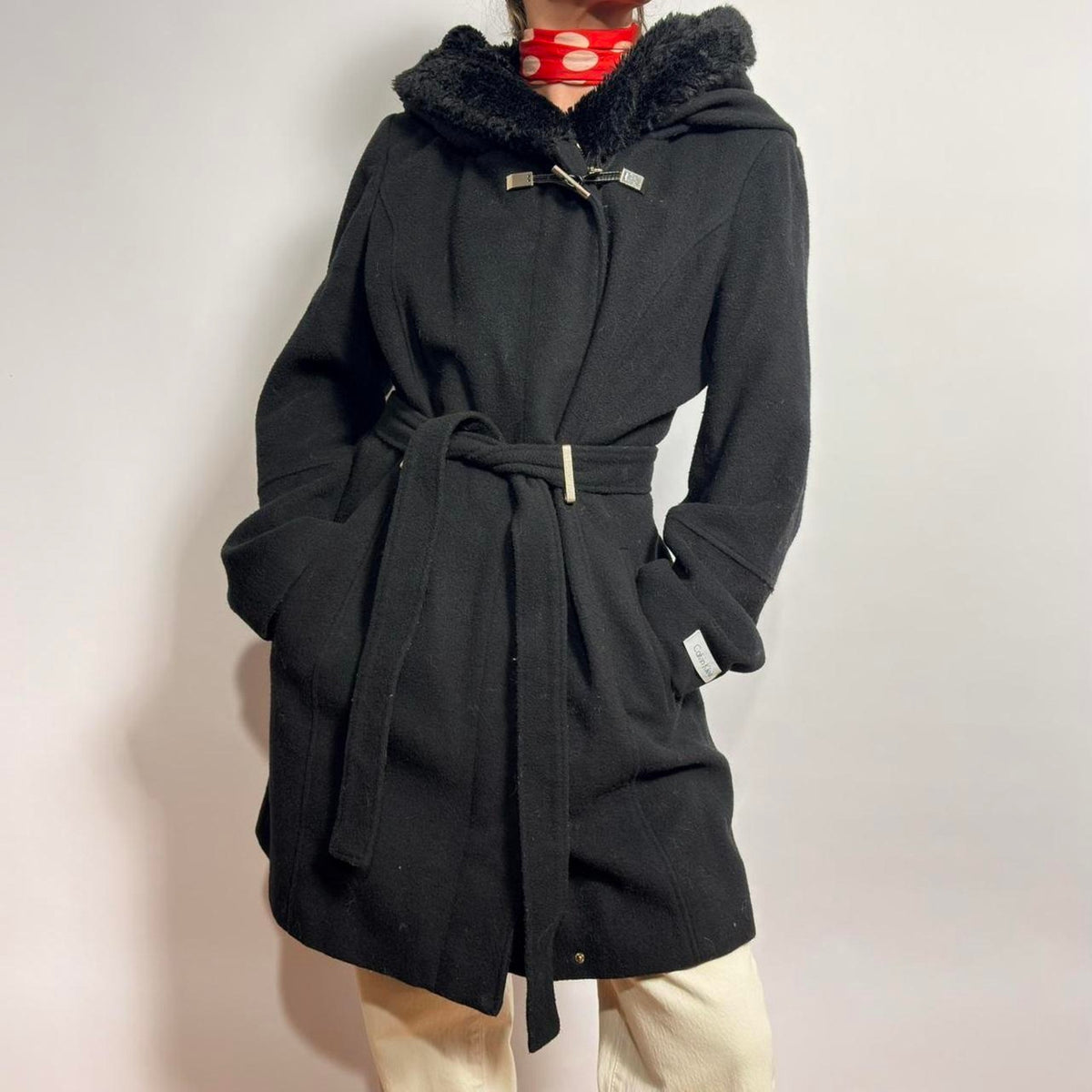 Calvin Klein Black Belted Coat - Large (Fits Medium)