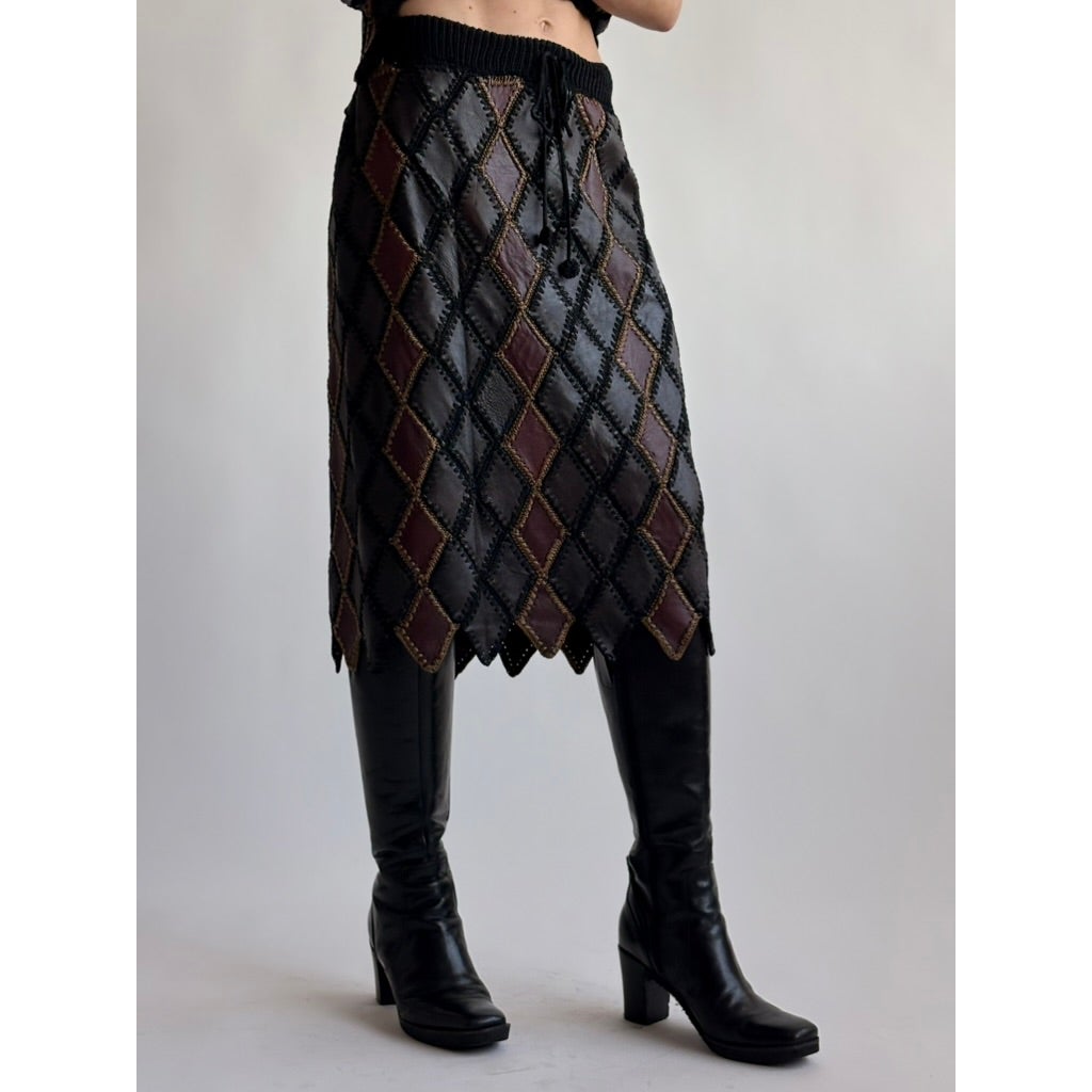 Vintage 1970s Handmade Turkish Diamond Patchwork Leather Skirt
