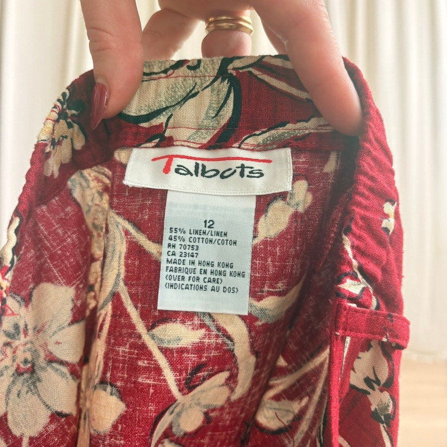 Talbots Floral Wrap Skirt - Red/Cream, Button Side - Size 12 (Fits L)