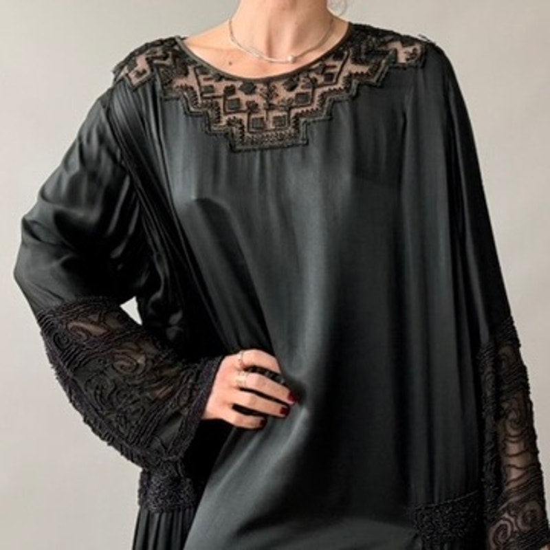 Antique 1920s Black Silk Satin Hand-Beaded Lace Shift Dress