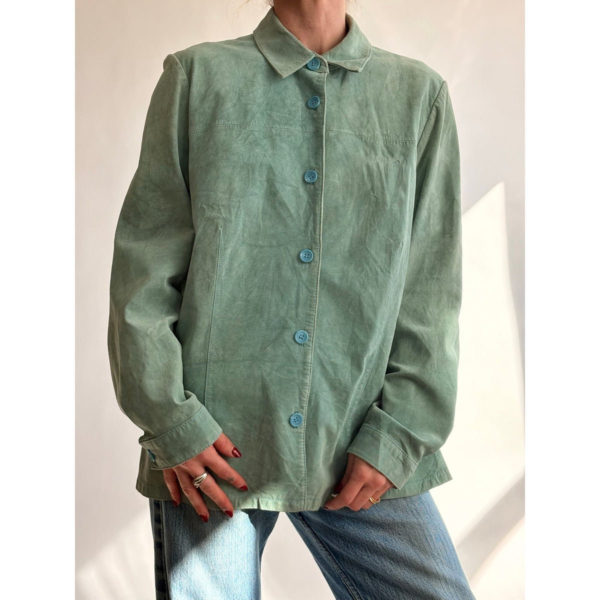 Bernardo Sea Foam Green Suede Button-Down Shirt/Jacket
